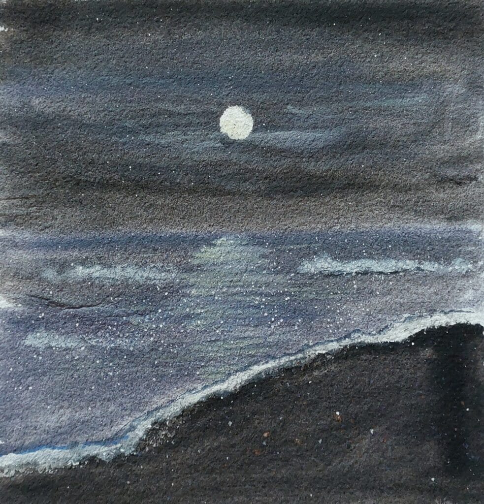 Hide and Seek original watercolor painting of full moon glowing over night sea and shore