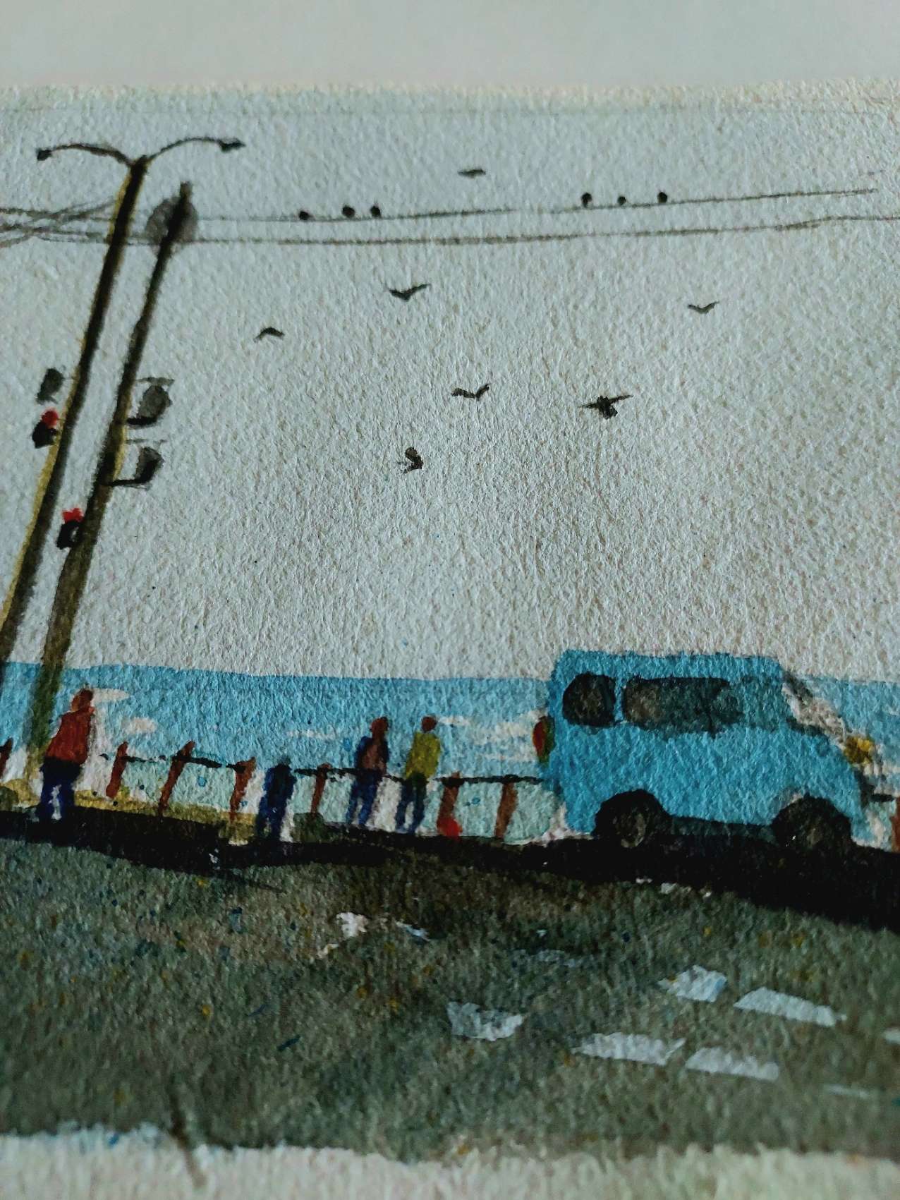 Afternoon by the Shore original watercolor painting of people, vehicles, utility poles, and birds along a seaside coastal road