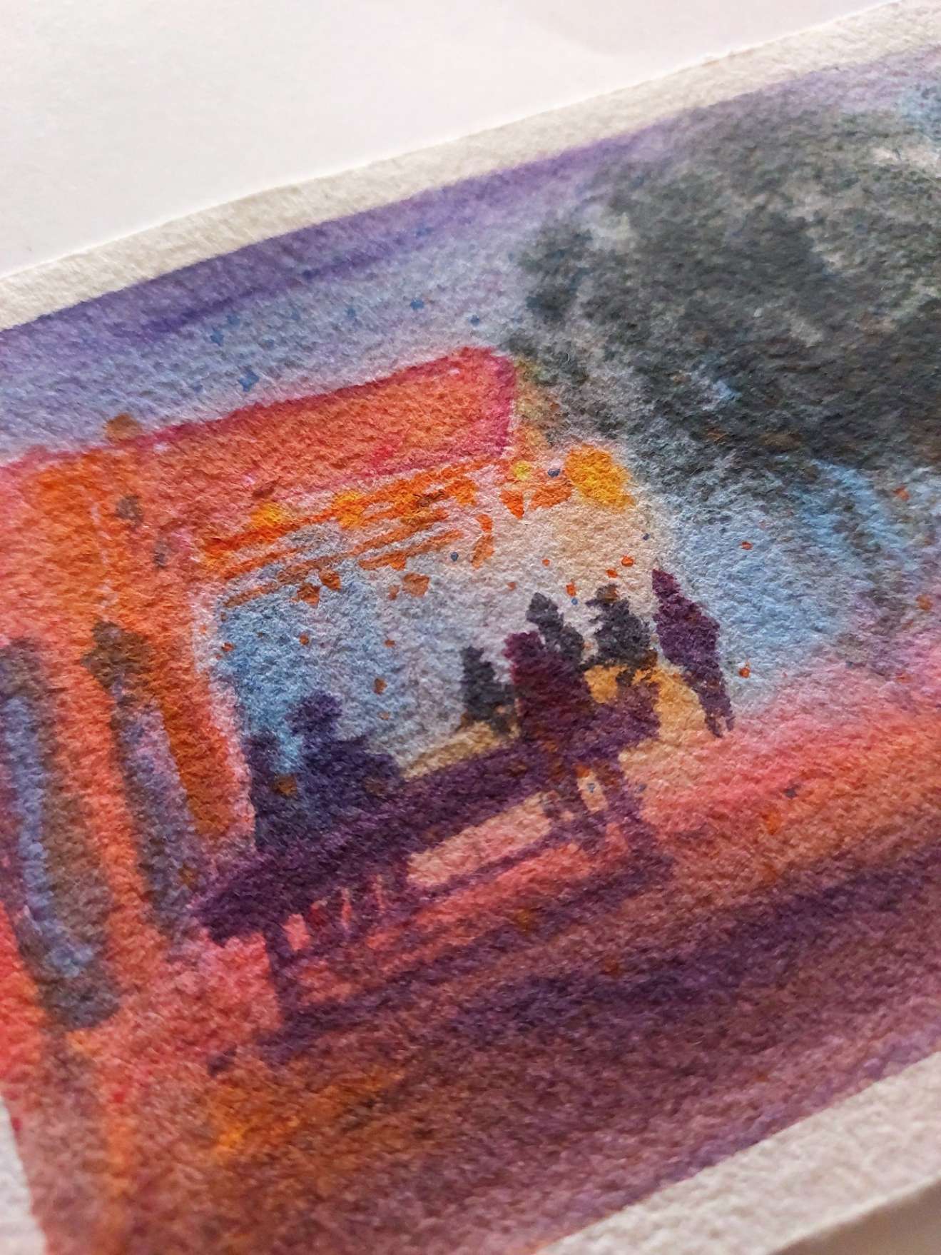 Where Stories Gather original watercolor painting of people gathered outside a cozy glowing cafe under evening trees