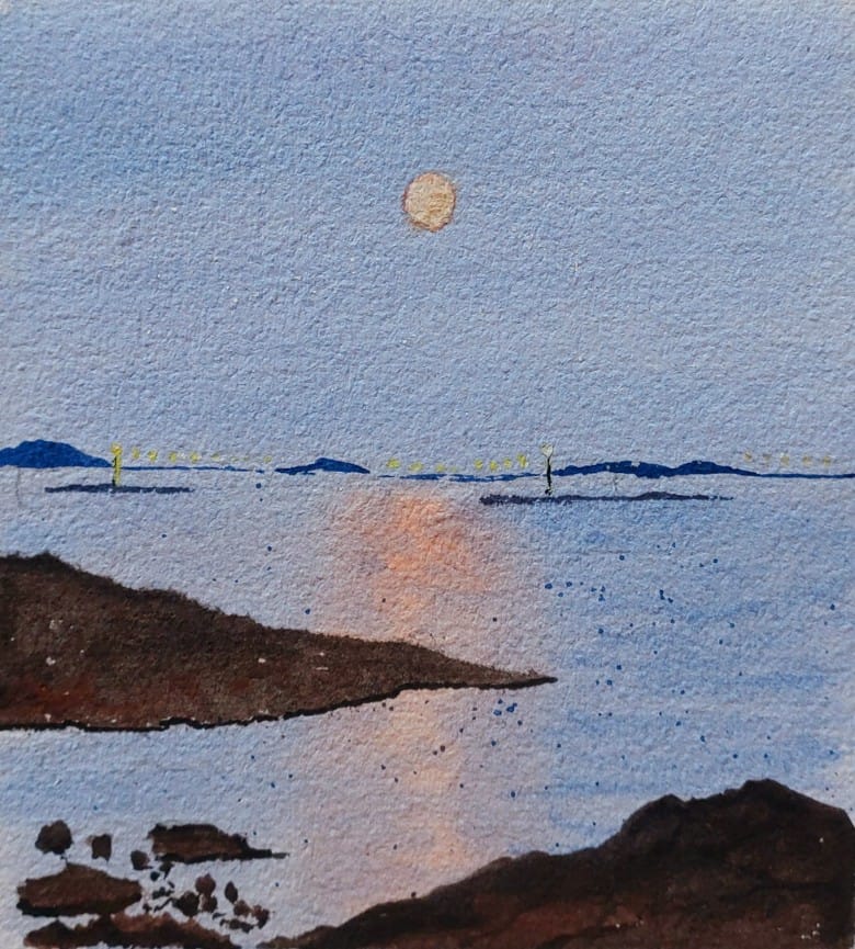 Evening Glow original watercolor painting of glowing moonrise reflection over calm coastal waters and rocky shore