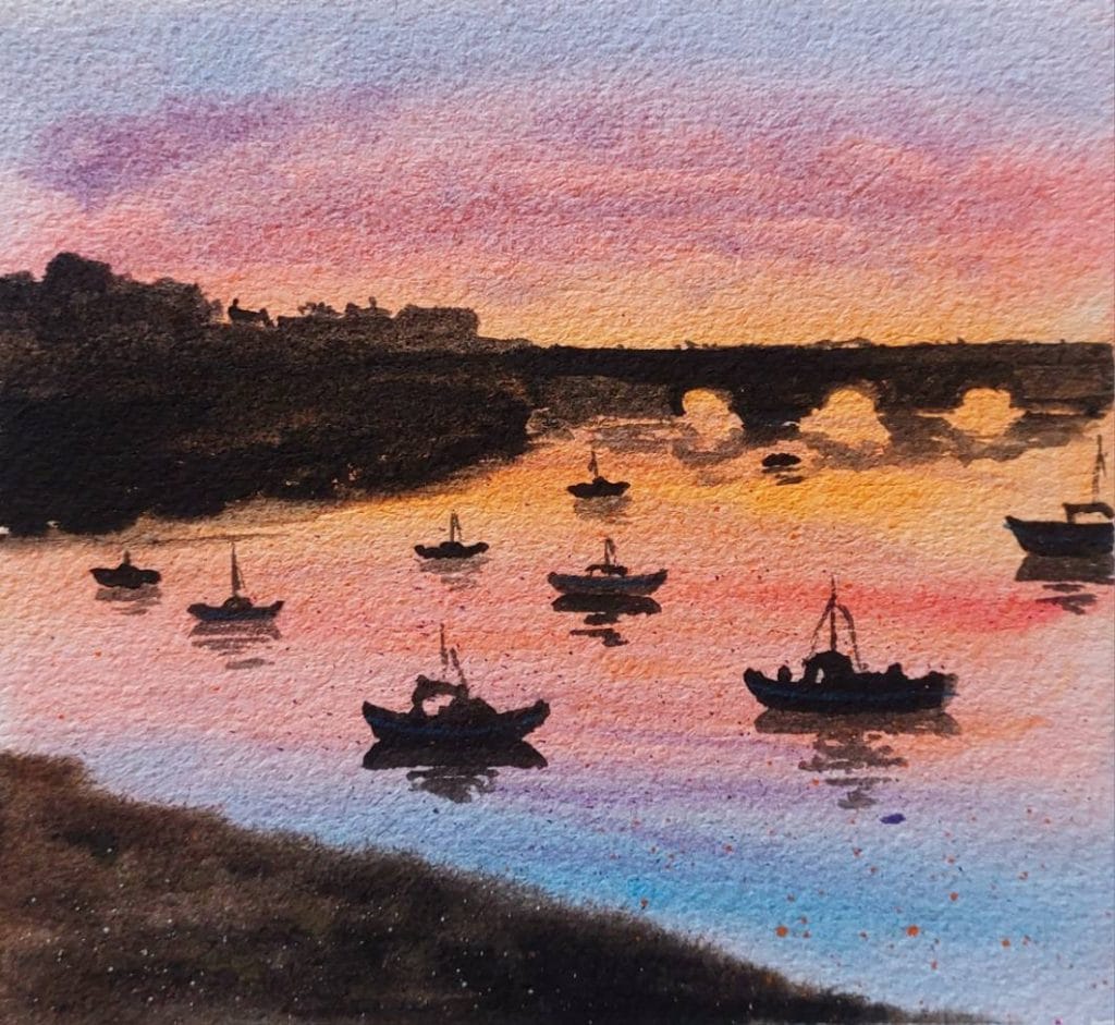 Silhouettes at Twilight original watercolor painting of boat silhouettes on glowing sunset water with arched bridge