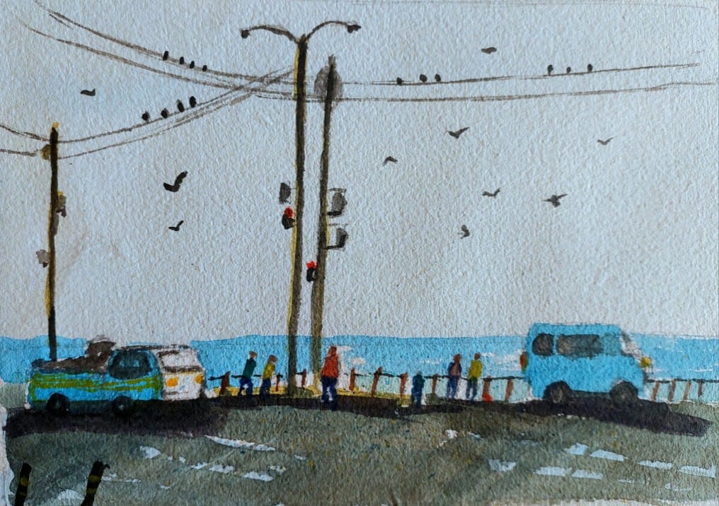 Afternoon by the Shore original watercolor painting of people, vehicles, utility poles, and birds along a seaside coastal road