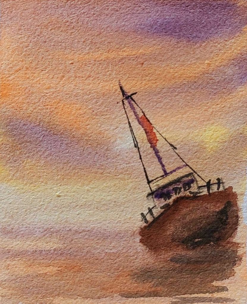 Drifting into Dusk original watercolor painting of a solitary boat tilted in calm water under a warm orange and purple sunset sky