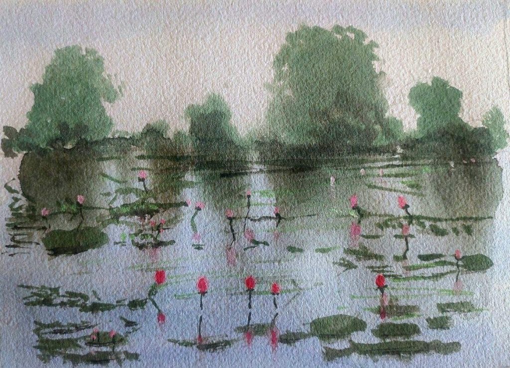 Lotus Pond original handmade watercolor painting of pink water lilies blooming on a serene green lake