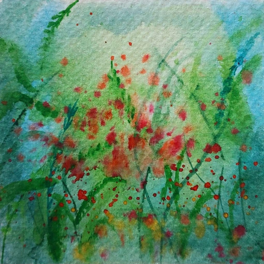 Where Wildflowers Dream original square watercolor painting of blooming red and yellow wildflowers in a lush green meadow
