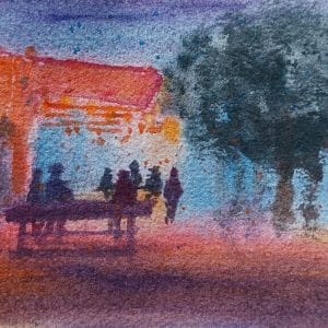Where Stories Gather original watercolor painting of people gathered outside a cozy glowing cafe under evening trees
