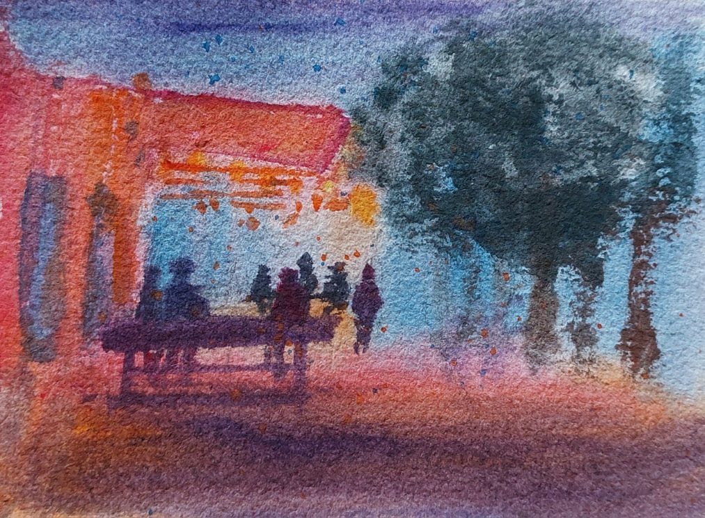 Where Stories Gather original watercolor painting of people gathered outside a cozy glowing cafe under evening trees